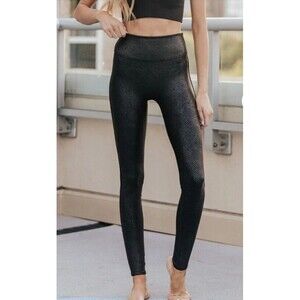 Spanx Black Faux Leather Patent Snake Skin Print Leggings Size Small Womens